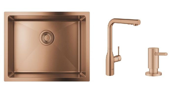Zestaw Grohe K700U zlewozmywak stalowy Brushed Warm Sunset z baterią kuchenną Essence i dozownikiem płynów Cosmopolitan (31574DL1, ...
