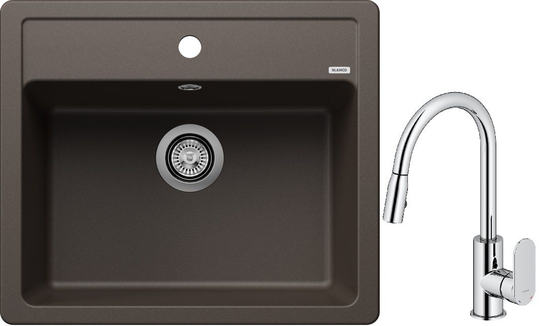 Blanco Legra 6 zlewozmywak 58,5x50 cm z Silgranit kawowy z Oltens Lista bateria kuchenna stojąca z wyciąganą wylewką chrom (523337 ; ...