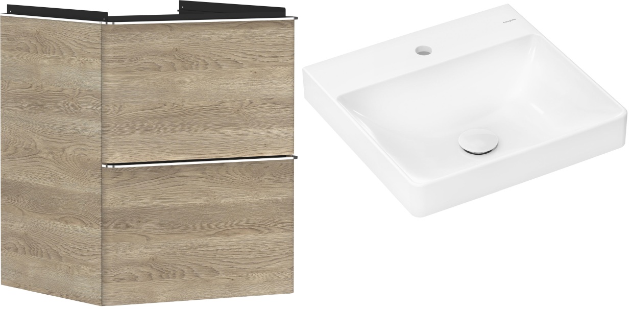 Hansgrohe Xelu Q szafka wisząca z umywalką 50x48 cm naturalny dąb/chrom/biały (54021000, 61012450)