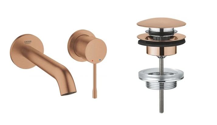 Zestaw Grohe Essence New bateria umywalkowa podtynkowa z korkiem Brushed Warm Sunset (19408DL1, 65807DL0) - Wysyłka w 24h