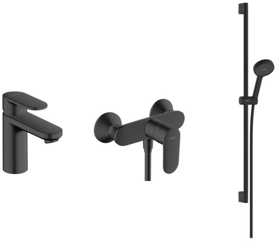 Zestaw Hansgrohe Vernis Blend bateria umywalkowa i prysznicowa z kompletem natryskowym czarny mat (71580670, 71640670, 28046670)