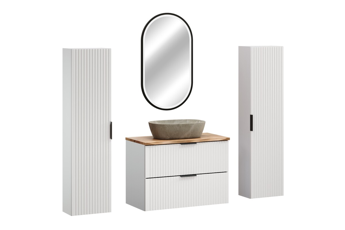 Zestaw Comad Adel White szafka 80 cm podumywalkowa wisząca z blatem i umywalką Anna, dwie szafki wysokie boczne i lustro biały/dąb/beż ...