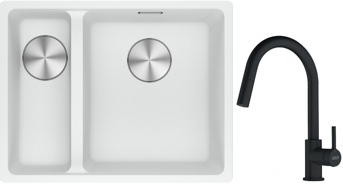 Franke Maris MRG 160-34-15SBL zlewozmywak 52x40 cm Fragranite biały polarny z baterią kuchenną Lina czarny mat (1250687271, 1150626053)