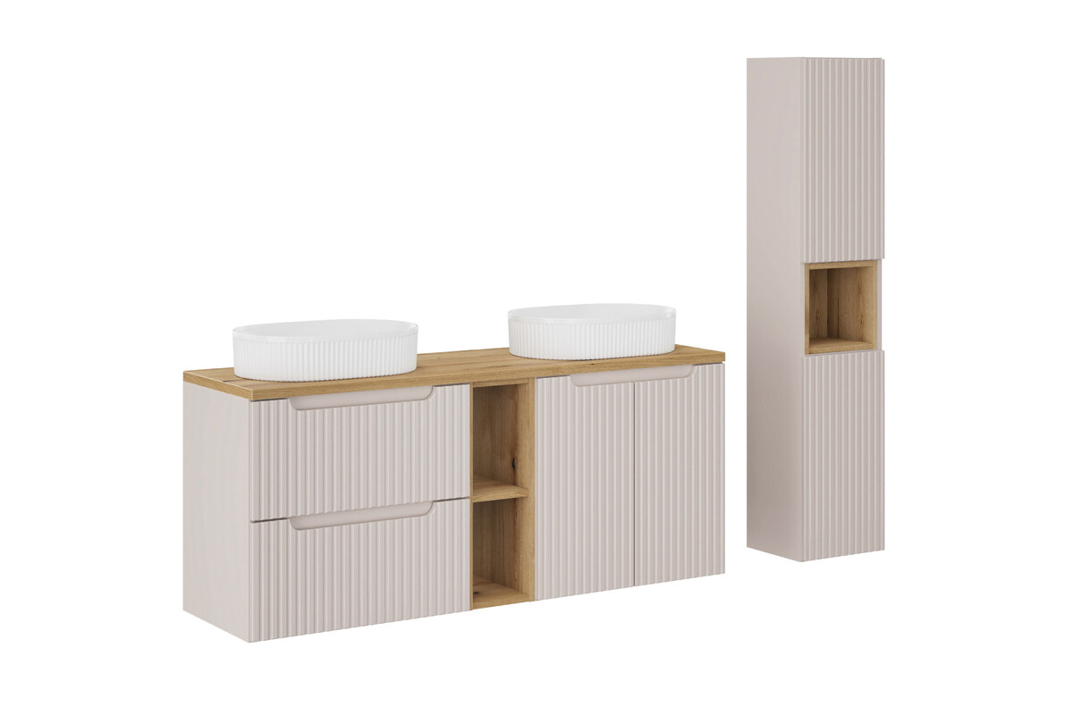 Zestaw Comad Nova Cashmere/Oak szafki 60 cm, 60 cm i 20 cm z blatem meblowym 140 cm, dwie umywalki Beyond 48x32,5 cm białe i szafka boczna ...
