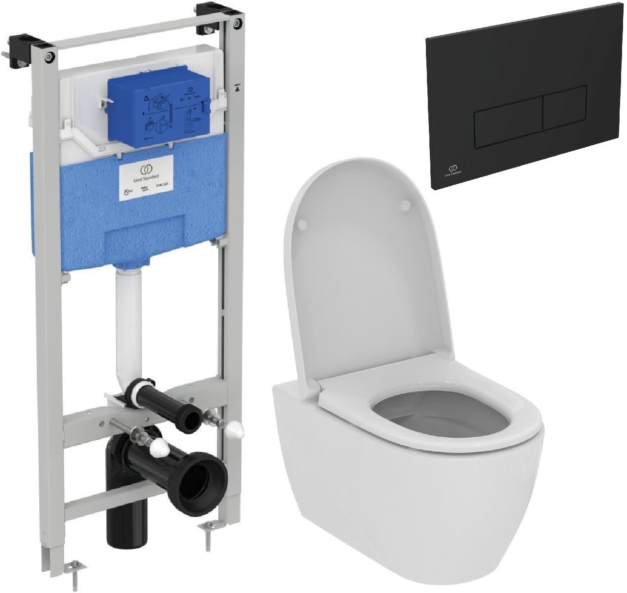 Zestaw Ideal Standard i.Life O combi-Pack miska WC z deską wolnoopadającą i stelaż podtynkowy z przyciskiem spłukującym czarnym ...