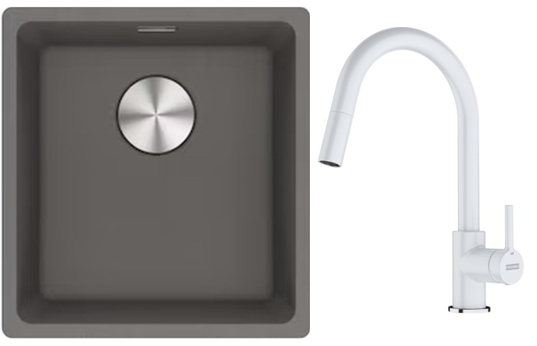 Franke Maris MRG 110-37 zlewozmywak 40x37 cm Fragranite kamienny szary z baterią kuchenną Lina biały polarny (1250687250, 1150626081)