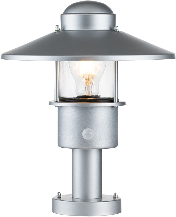 Elstead Lighting Klampenborg lampa stojąca zewnętrzna z czujnikiem ruchu 1x60 W srebrna KLAMPENBORG-PED-PIR-SIL