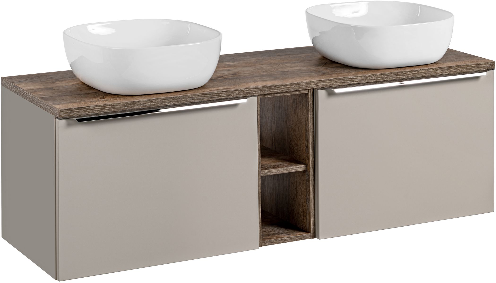 Zestaw Comad Santa Fe Taupe szafka 60x45,6x46 cm podumywalkowa wisząca szara z blatem, umywalką i regałem SET-SFT B 140CM UN 6252