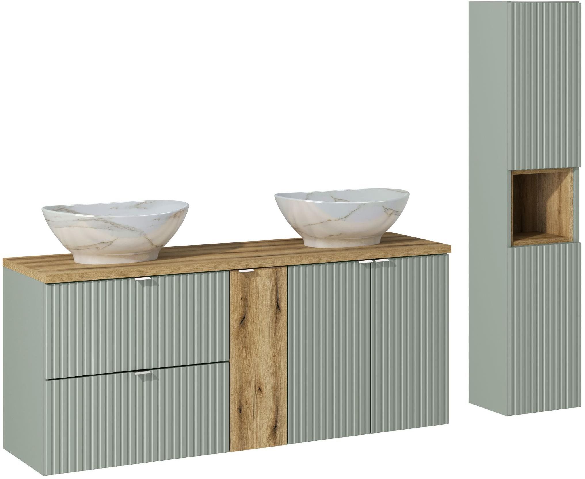 Comad Line Reed Green zestaw mebli łazienkowych szafka 140 cm podumywalkowa wisząca z umywalkami i szafka wysoka 140 cm SET-LRG B OAK ...