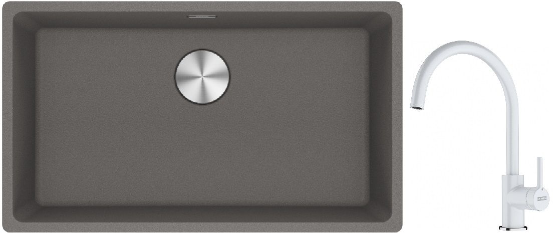 Franke Maris MRG 110-72 zlewozmywak 72x40 cm Fragranite kamienny szary z baterią kuchenną Lina biały polarny (1250687262, 1150626024)