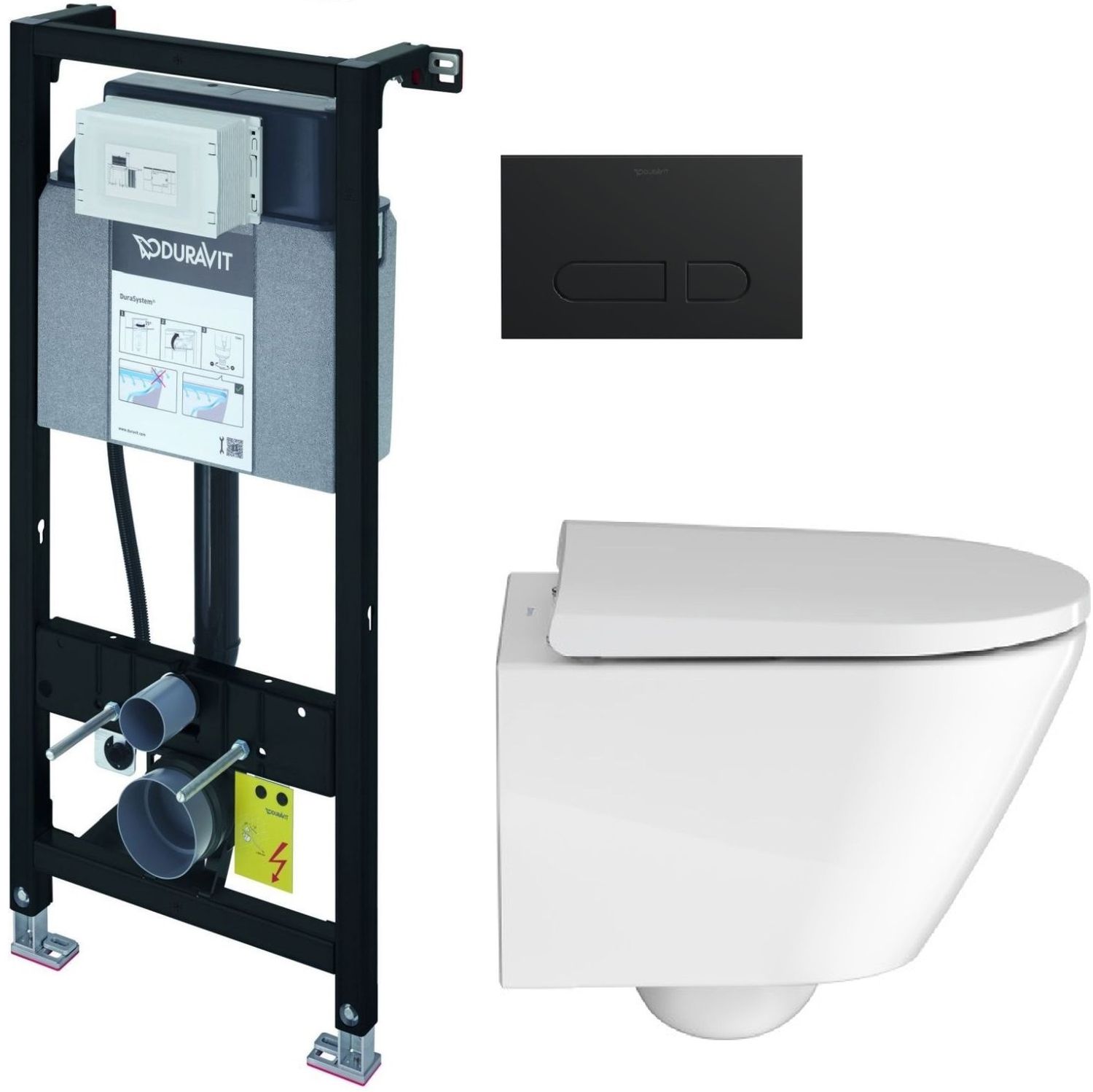 Zestaw Duravit DuraSystem stelaż podtynkowy z przyciskiem spłukującym czarny mat i miską WC Rimless D-Neo Compact z deską ...