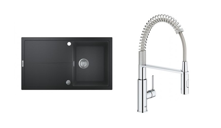 Zestaw Grohe K400 zlewozmywak granitowy 86x50 cm czarny i bateria kuchenna Get chrom (31640AP0, 30361000)