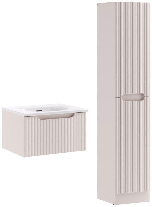 Zestaw Nova Cashmere szafka 50 cm podumywalkowa wisząca z umywalką meblową Sky białą i szafką wysoką 180 cm boczna kaszmir SET-NOC ...