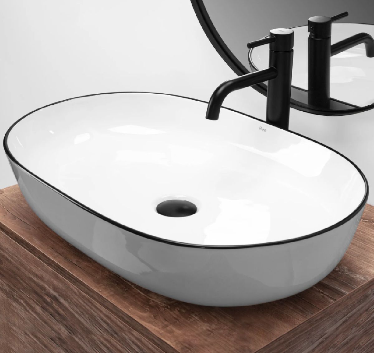 Rea Cleo umywalka 60,5x41 cm owalna nablatowa biała-czarna REA-U6210