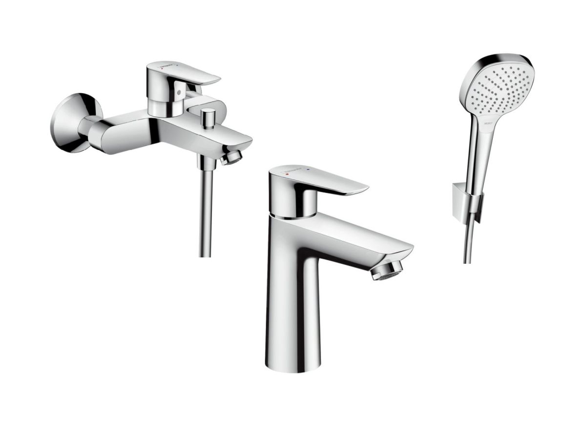 Hansgrohe Talis E bateria wannowa i umywalkowa z zestawem prysznicowym Croma (71740000, 71710000, 26425400)