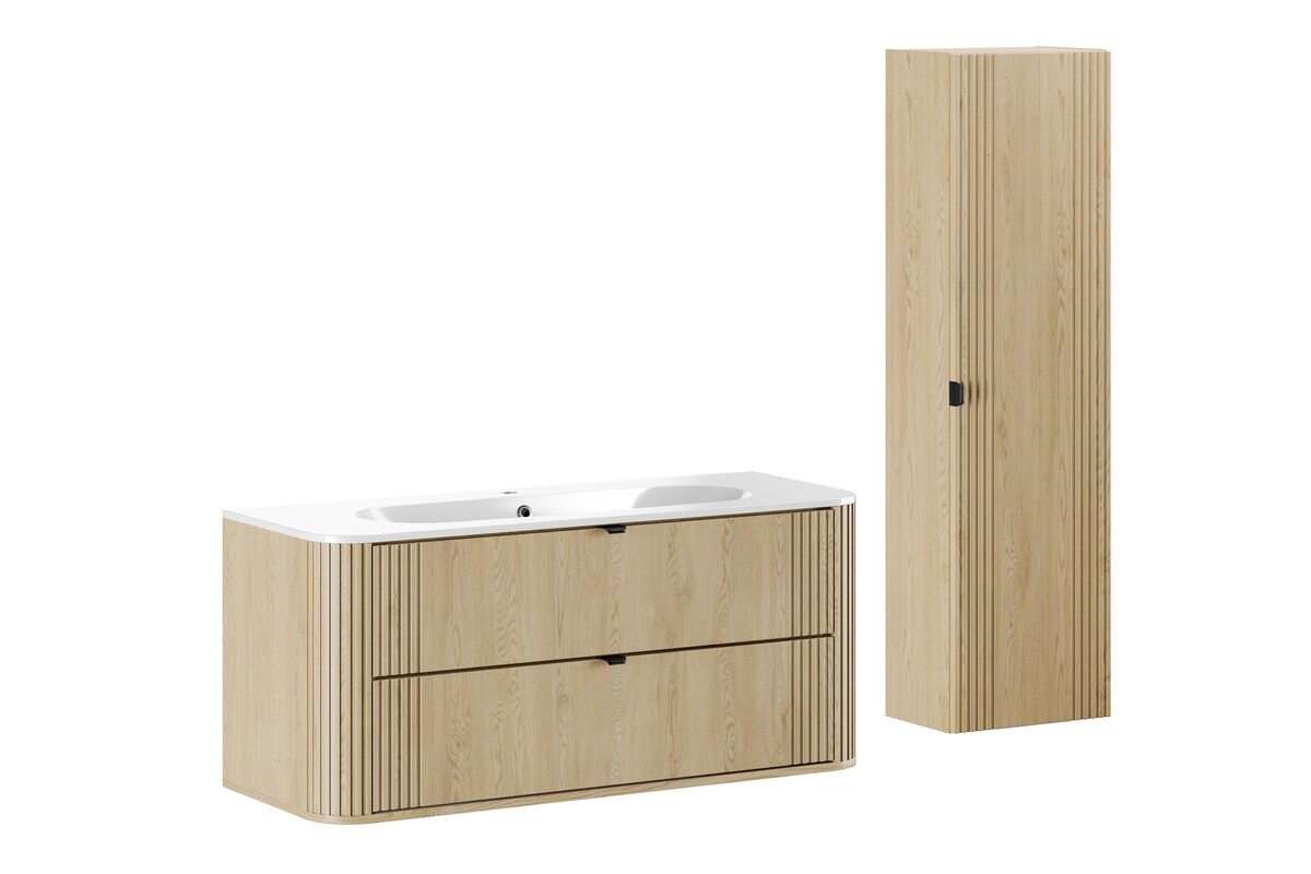 Zestaw Comad Ovalia Cremona umywalka z szafką 120 cm biały/dąb i szafka wysoka 140 cm boczna SET-OVC 120CM UM PURE HC