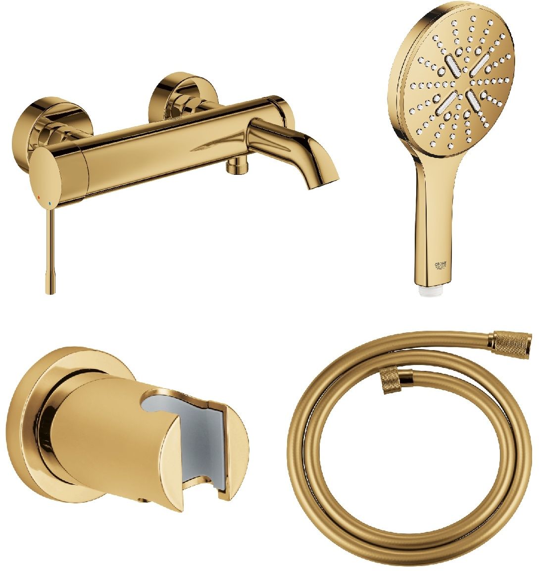 Zestaw Grohe Essence bateria wannowo-prysznicowa ścienna z zestawem prysznicowym złoty (33624GL1, 28362GL1, 26574GL0, 27074GL0) - Wysyłka w 24h