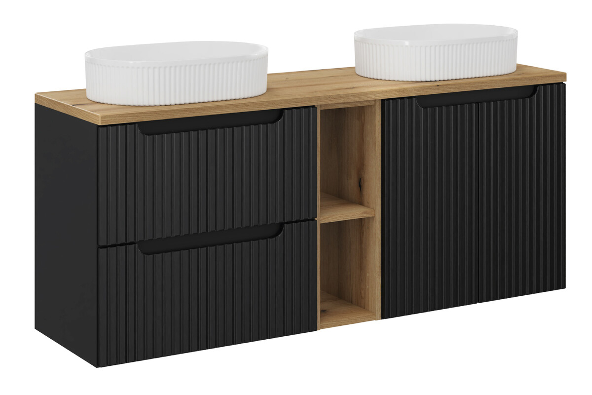 Zestaw Comad Nova Black/Oak szafki 60 cm, 60 cm i 20 cm z blatem meblowym 140 cm czarny/dąb i dwie umywalki Beyond 48x32,5 cm białe ...