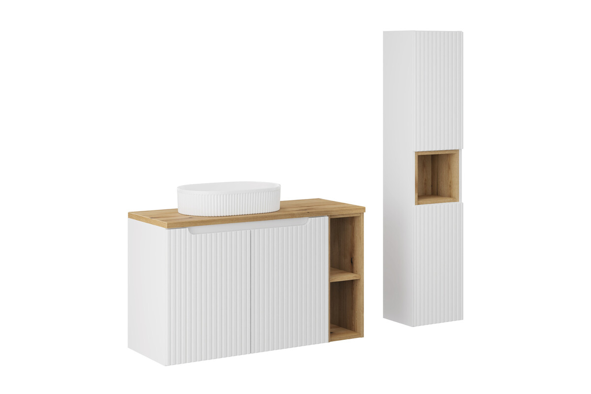 Zestaw Comad Nova White/Oak szafki 80 cm i 20 cm z blatem meblowym 100 cm biały/dąb i umywalka Beyond 48x32,5 cm biała z szafką boczną ...