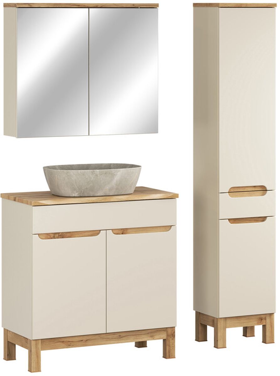 Comad Bali Cashmere zestaw meblowy 80 cm szafka stojąca z umywalką Anna, szafka wysoka boczna i lustrzana kaszmir/dąb/kamień SET-BAC B ...