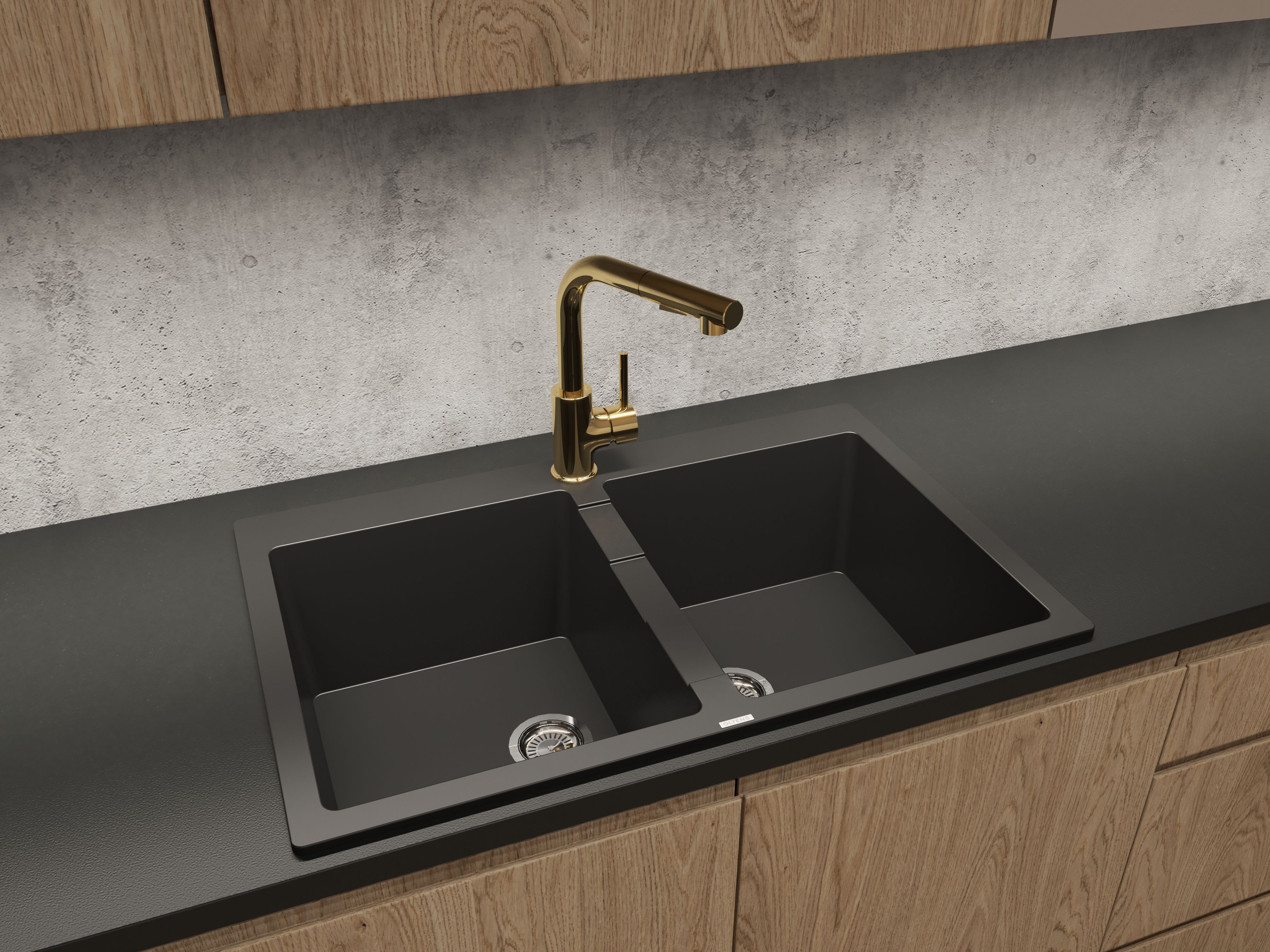 Zestaw Oltens Gravan zlewozmywak granitowy 2-komorowy 78x50 cm z baterią kuchenną Myvat czarny mat/złoty połysk (72400300, 35205800) - Wysyłka w 24h