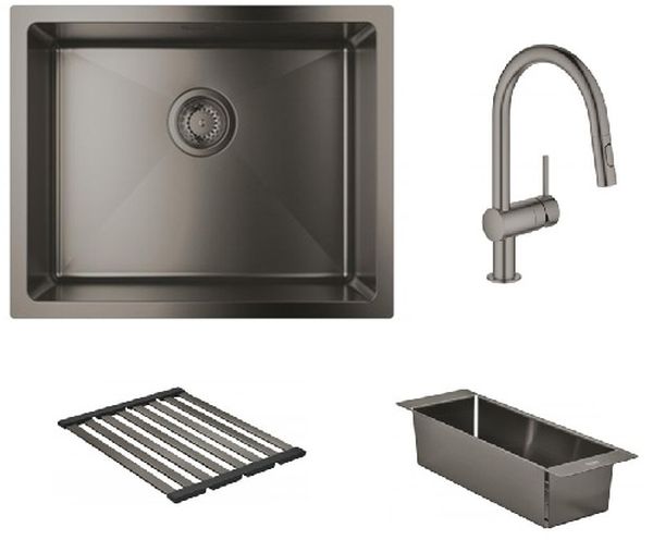 Zestaw Grohe K700U zlewozmywak stalowy Brushed Hard Graphite z baterią kuchenną Minta, ociekaczem i wkładką ociekową (31574AL1, ...