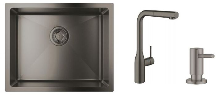 Zestaw Grohe K700U zlewozmywak stalowy Brushed Hard Graphite z baterią kuchenną Essence i dozownikiem płynów Cosmopolitan (31574AL1, ...