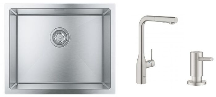 Zestaw Grohe K700 zlewozmywak stalowy z baterią kuchenną Essence stal i dozownikiem Cosmopolitan (31726SD0, 30270DC0, 40535DC0) - Wysyłka w 24h