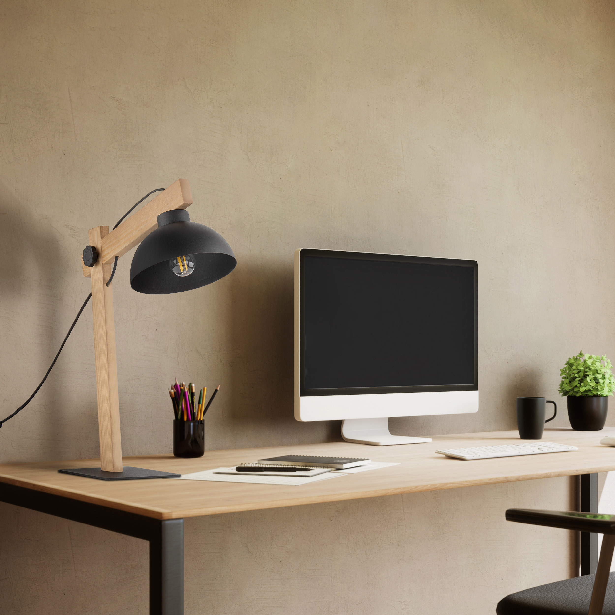 TK Lighting Oslo lampa stołowa 1x15W czarna/jasne drewno 5346