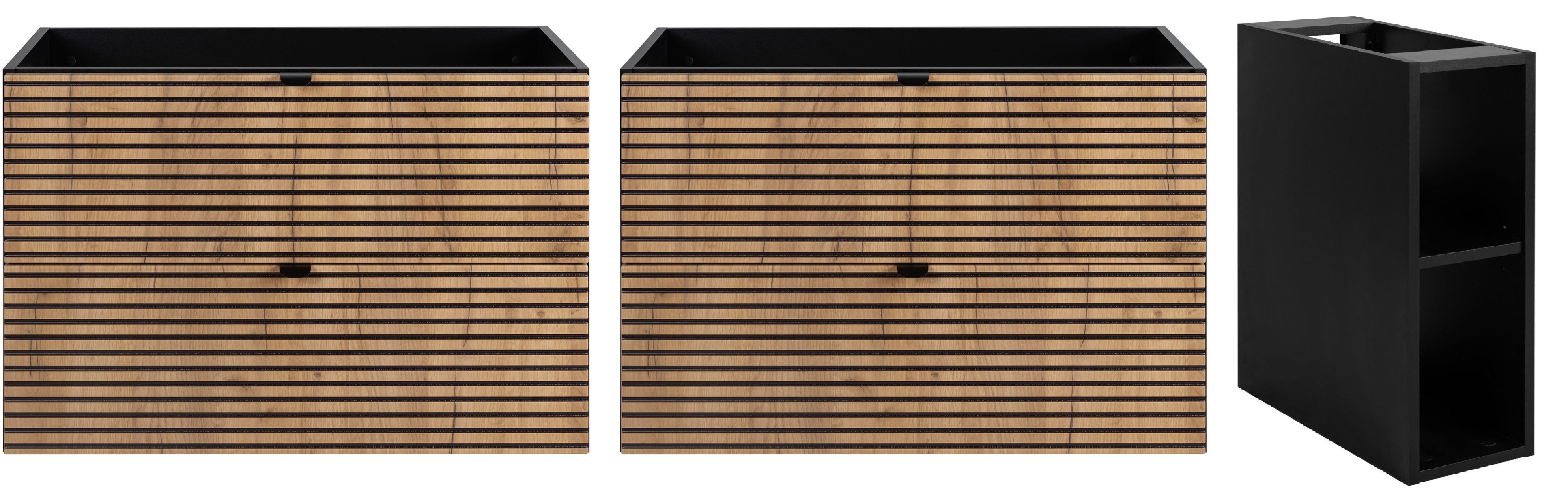 Zestaw Rodan Loft dwie szafki 80 cm podumywalkowe wiszące z szafką 57 cm boczną czarny/dąb (5906154450942, 5906154452120)