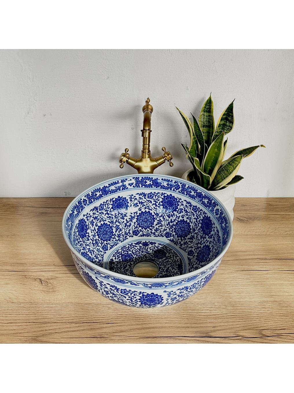 Rea Bella umywalka 41,5x41,5 cm okrągła nablatowa biała-niebieska REA-U7503