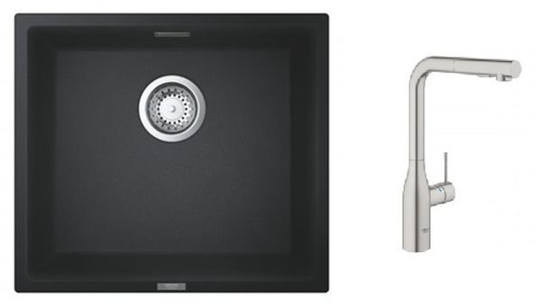 Zestaw Grohe K700 zlewozmywak granitowy czarny z baterią kuchenną Essence stal (31653AP0, 30270DC0) - Wysyłka w 24h