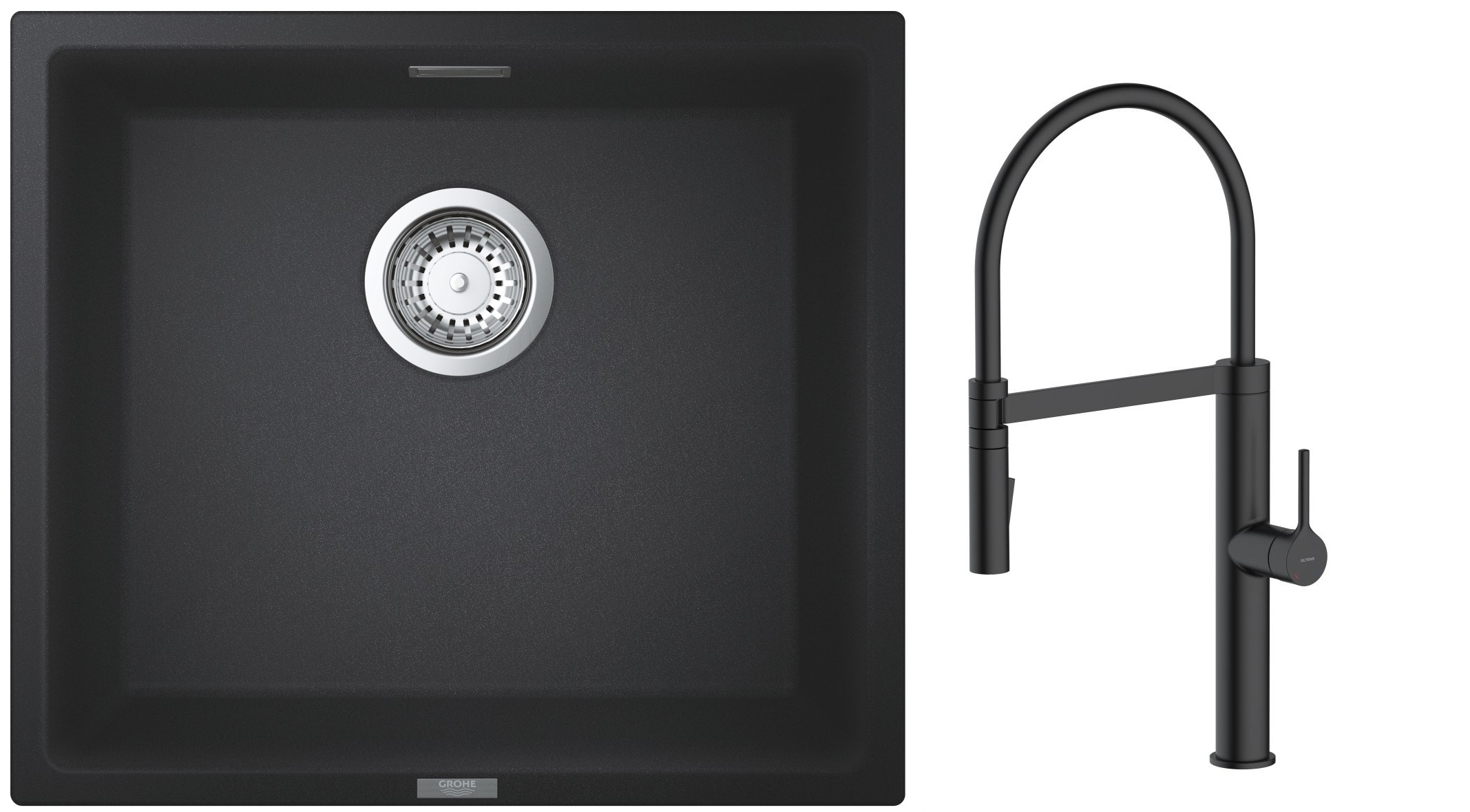 Zestaw Grohe K700 zlewozmywak granitowy 45,7x40,6 cm z baterią kuchenną Oltens Borga czarny granit/czarny mat (35207300, 31653AP0) - Wysyłka w 24h