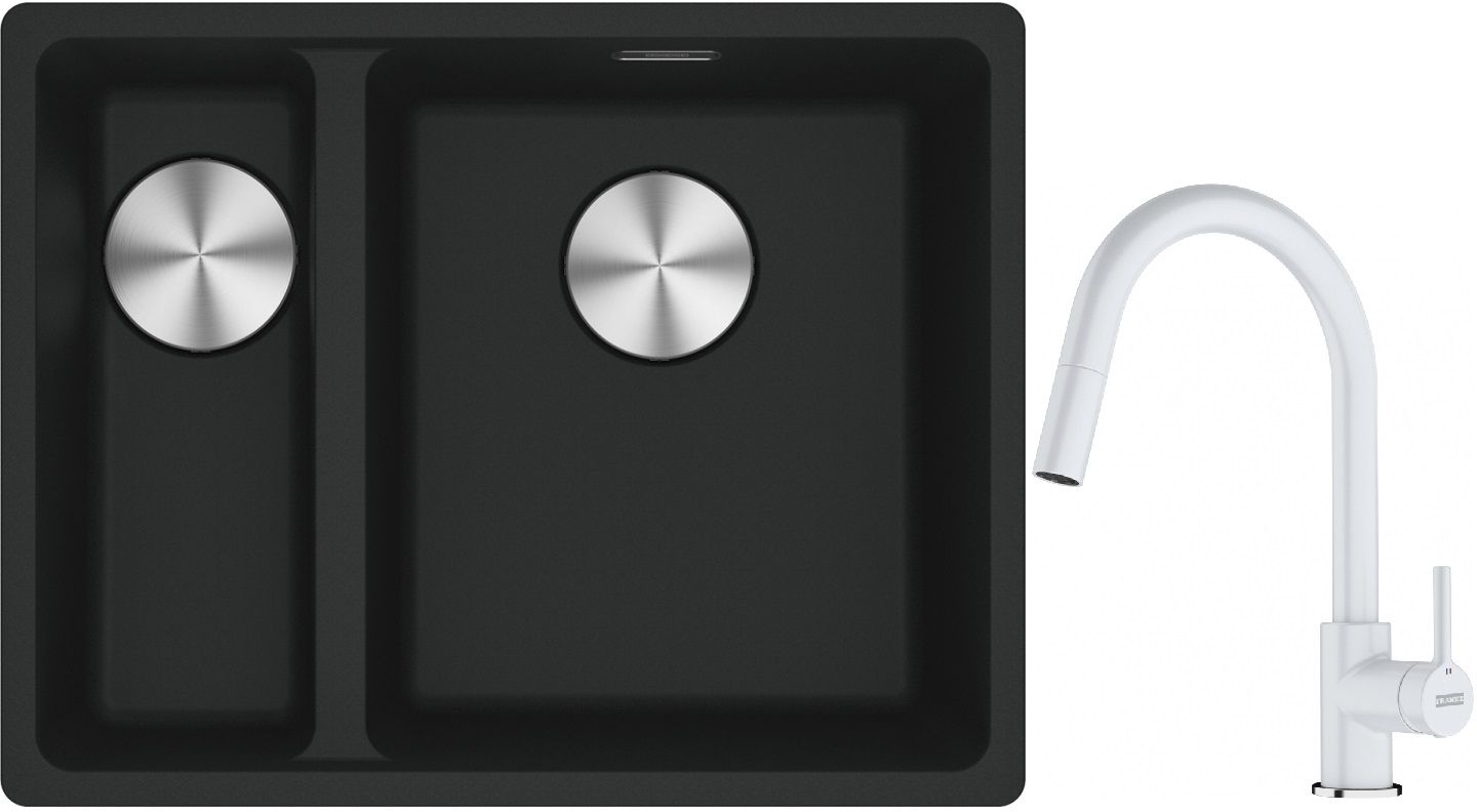 Franke Maris MRG 160-34-15SBL zlewozmywak 52x40 cm Fragranite czarny mat z baterią kuchenną Lina biały polarny (1250687268, 1150626081)