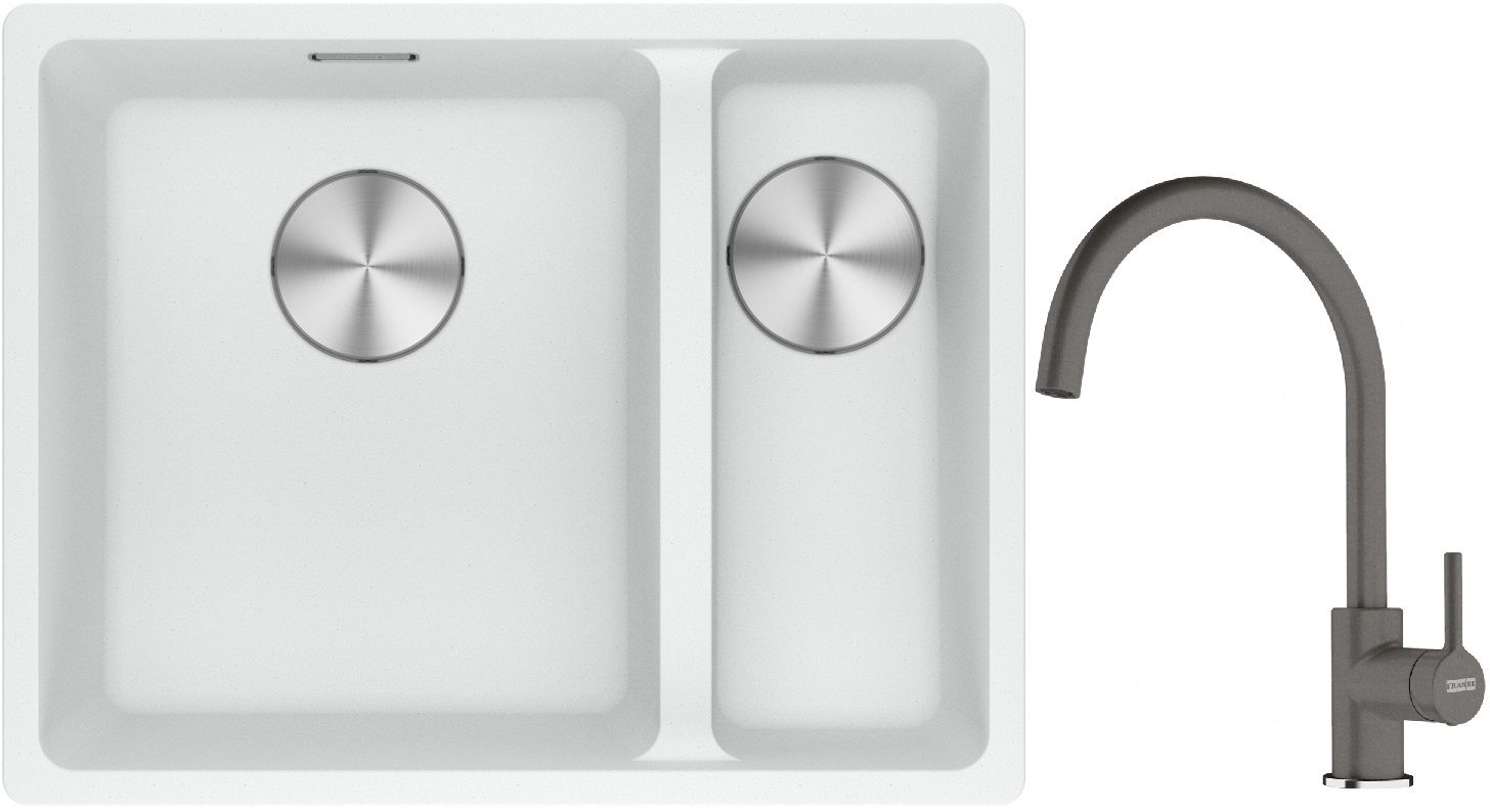 Franke Maris MRG 160-34-15SBR zlewozmywak 52x40 cm Fragranite biały polarny z baterią kuchenną Lina kamienny szary (1250687267, ...