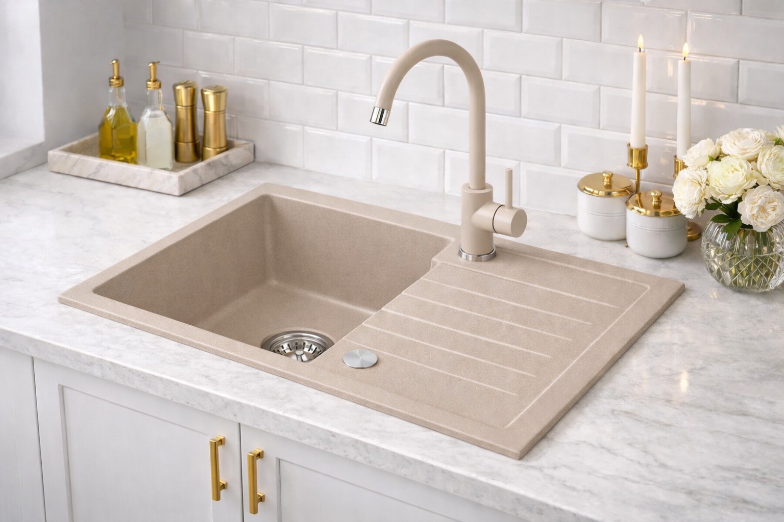 Ruvetti Tito Maxi zlewozmywak 77x44 cm z baterią i akcesoriami beżowy LP_3200-TM7744BE_W - Wysyłka w 24h