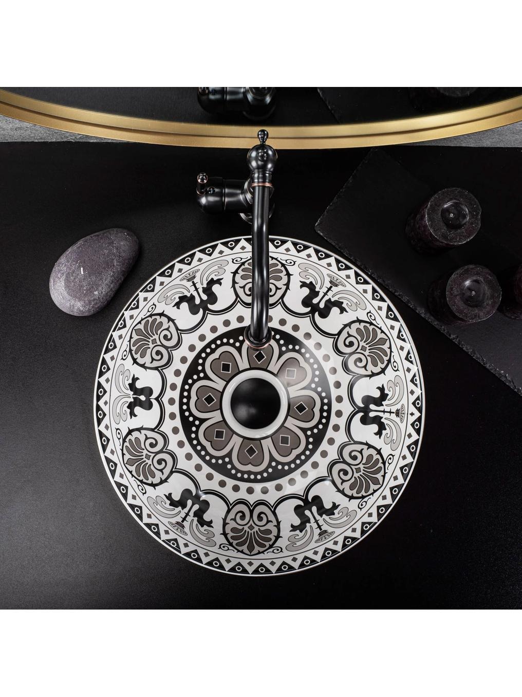 Rea Etno umywalka 40x40 cm okrągła nablatowa biała-czarna REA-U7500