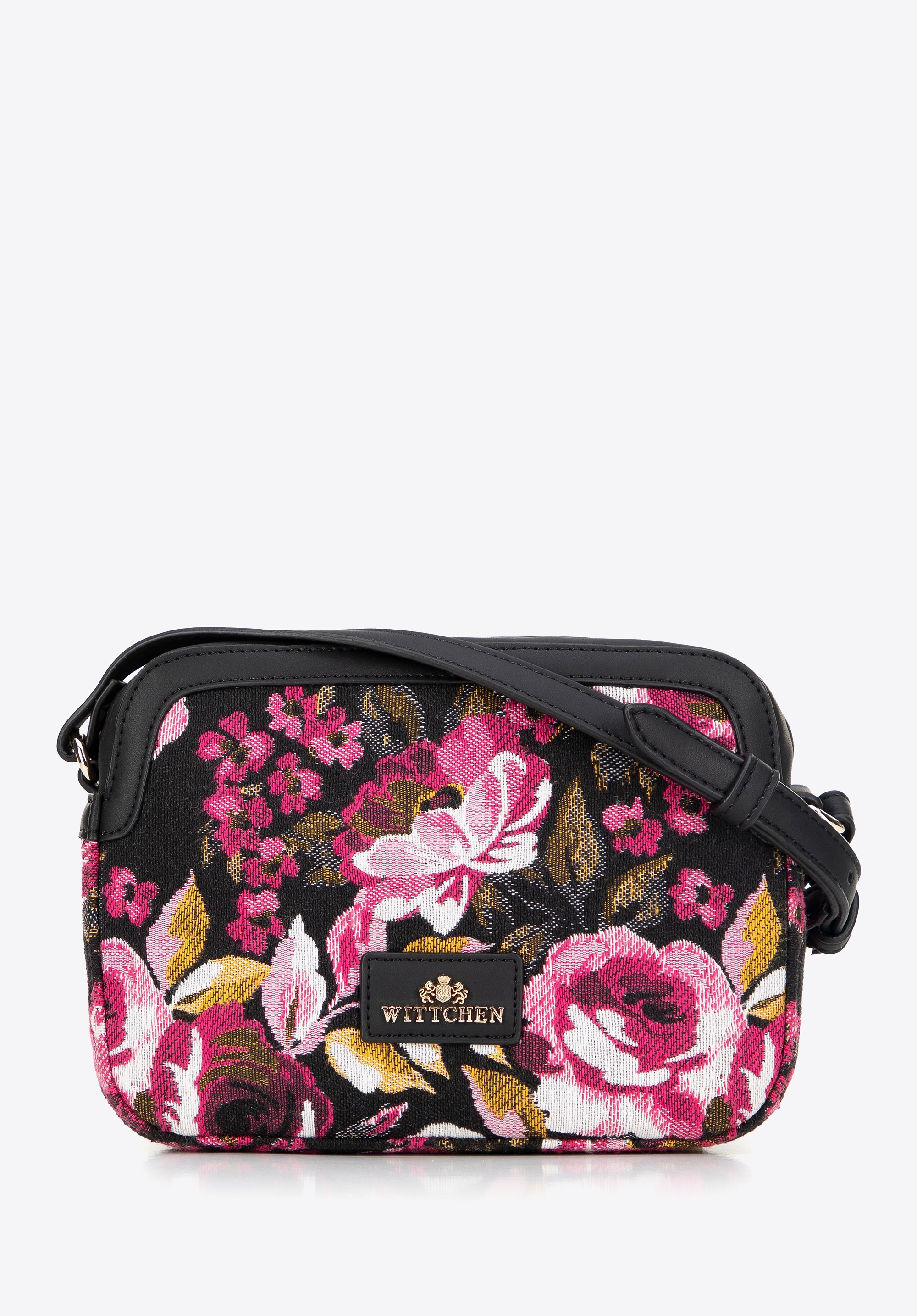 Dodatkowe rabaty - Damska crossbody z żakardu i ekoskóry czarno - różowa