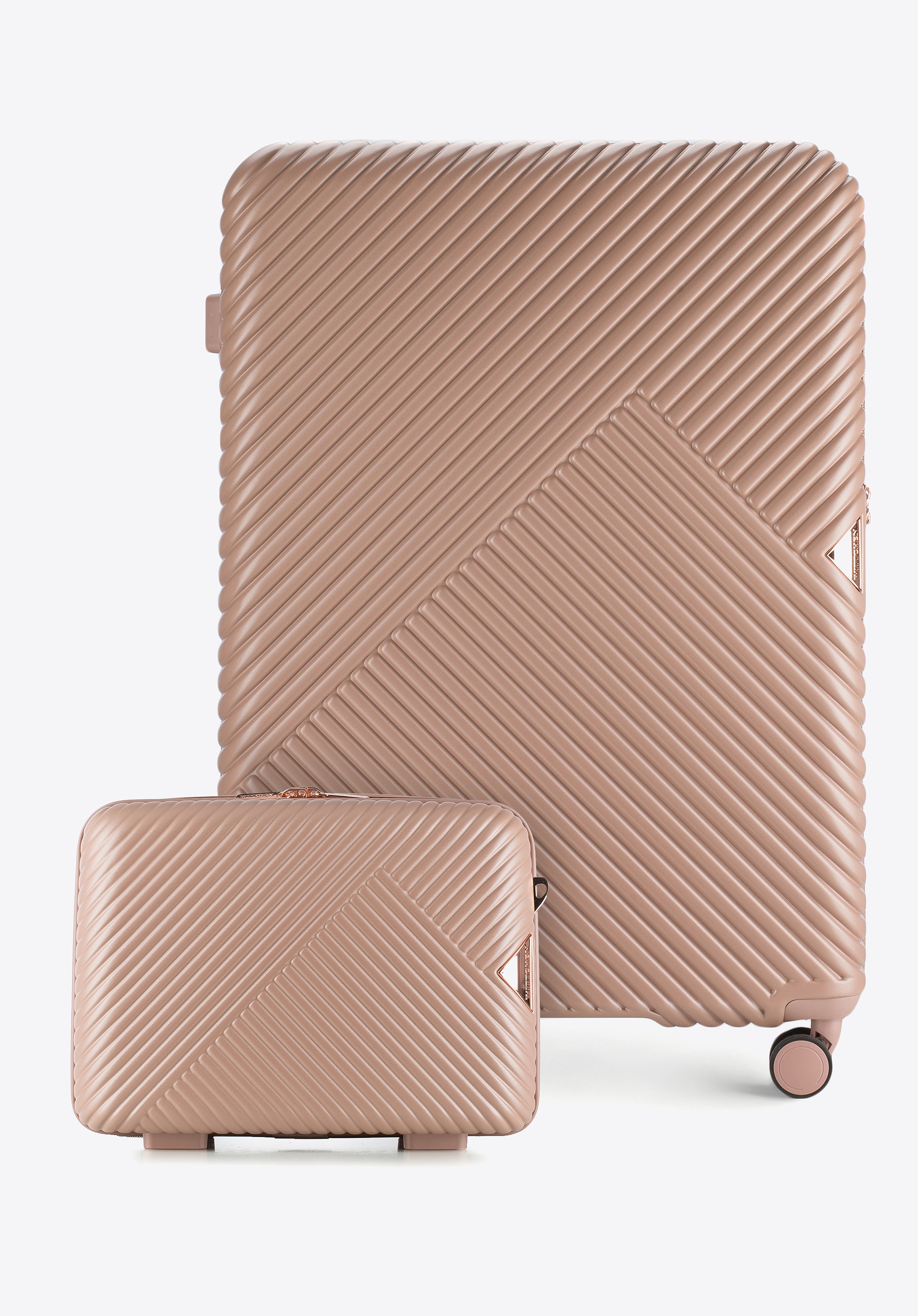 Duża walizka i kosmetyczka z polikarbonu w paseczki pudrowy róż