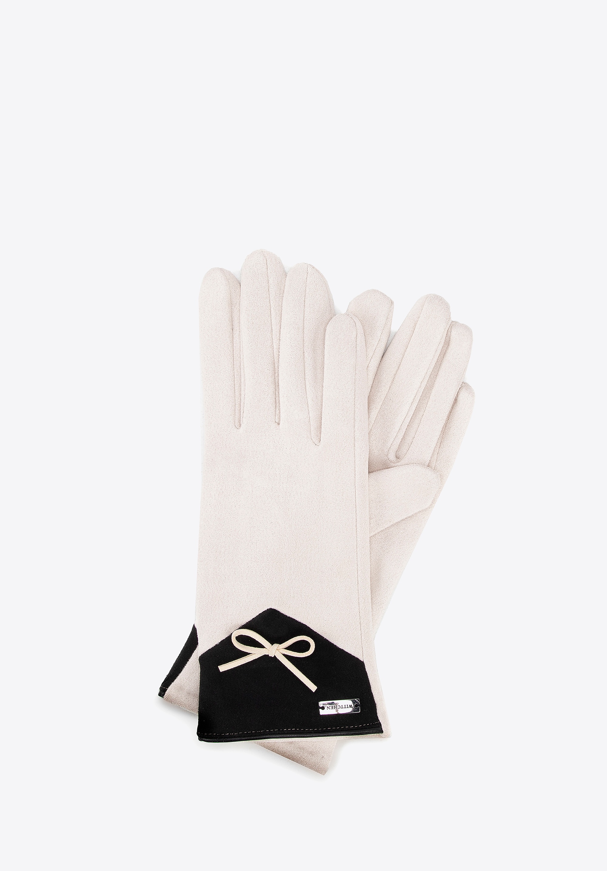 Damskie rękawiczki z kokardą kremowo - czarne
