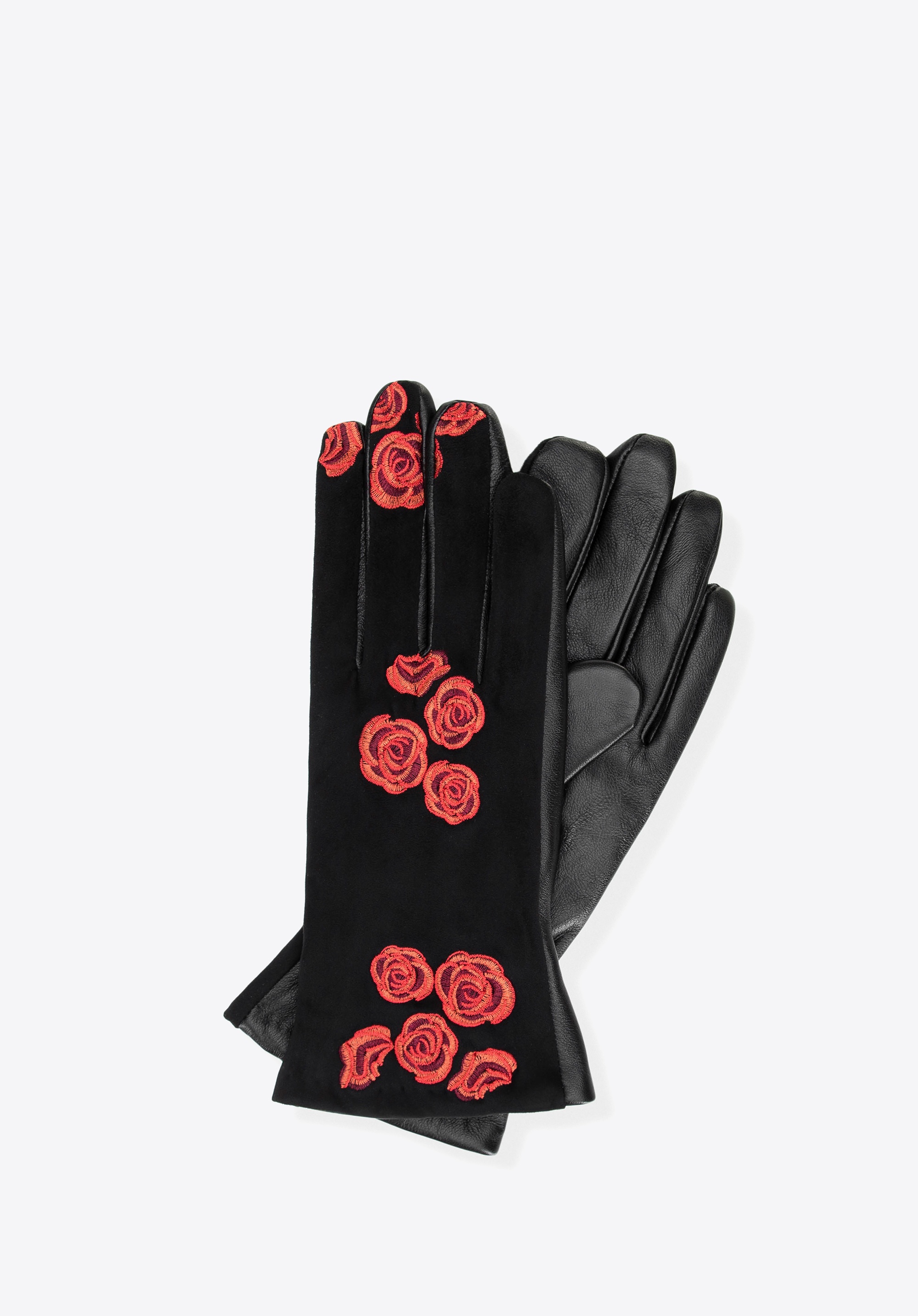 Damskie rękawiczki ocieplane z haftowanymi kwiatami czarno - czerwone