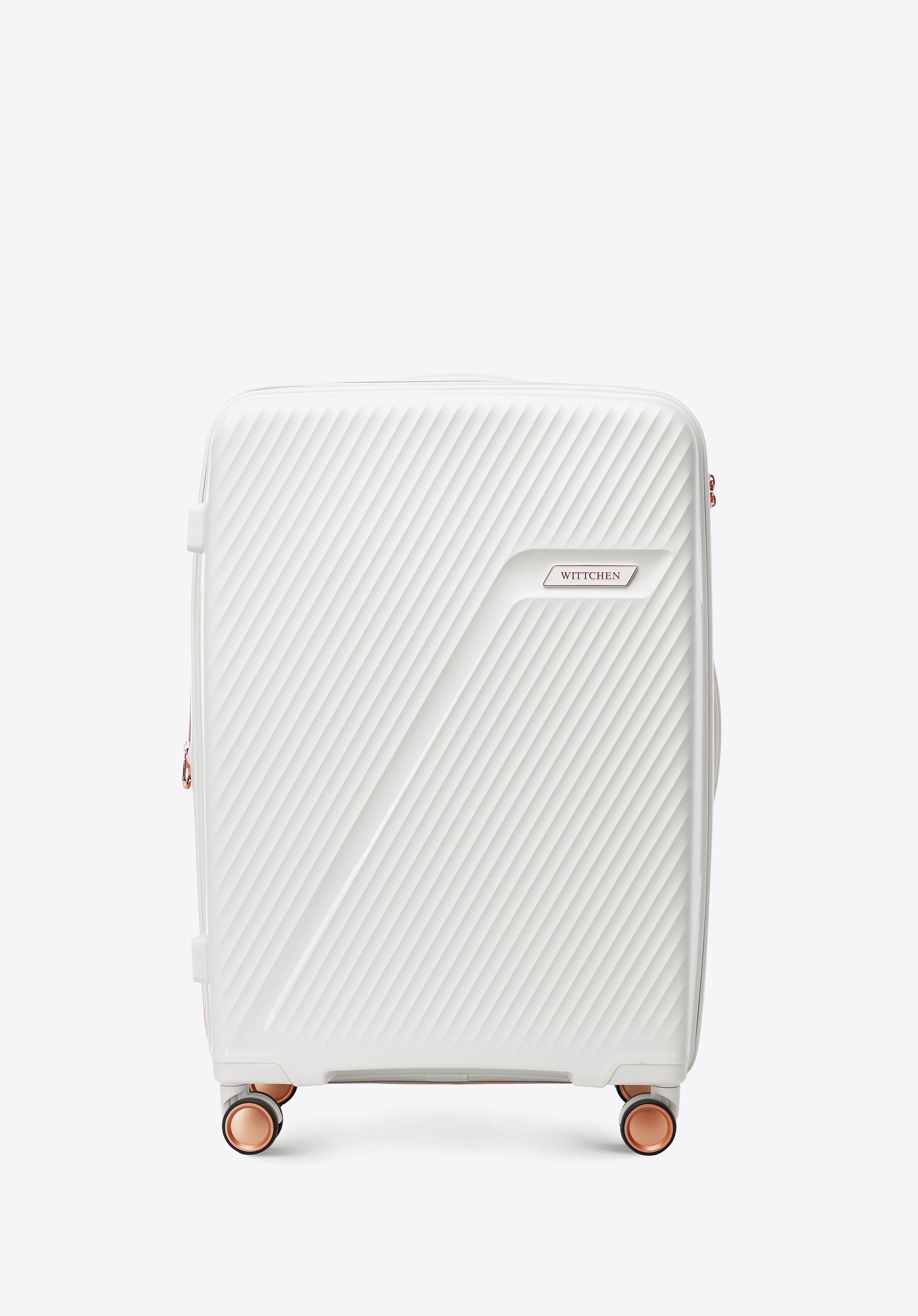 Średnia walizka z polipropylenu w ukośne pasy kremowo - złota