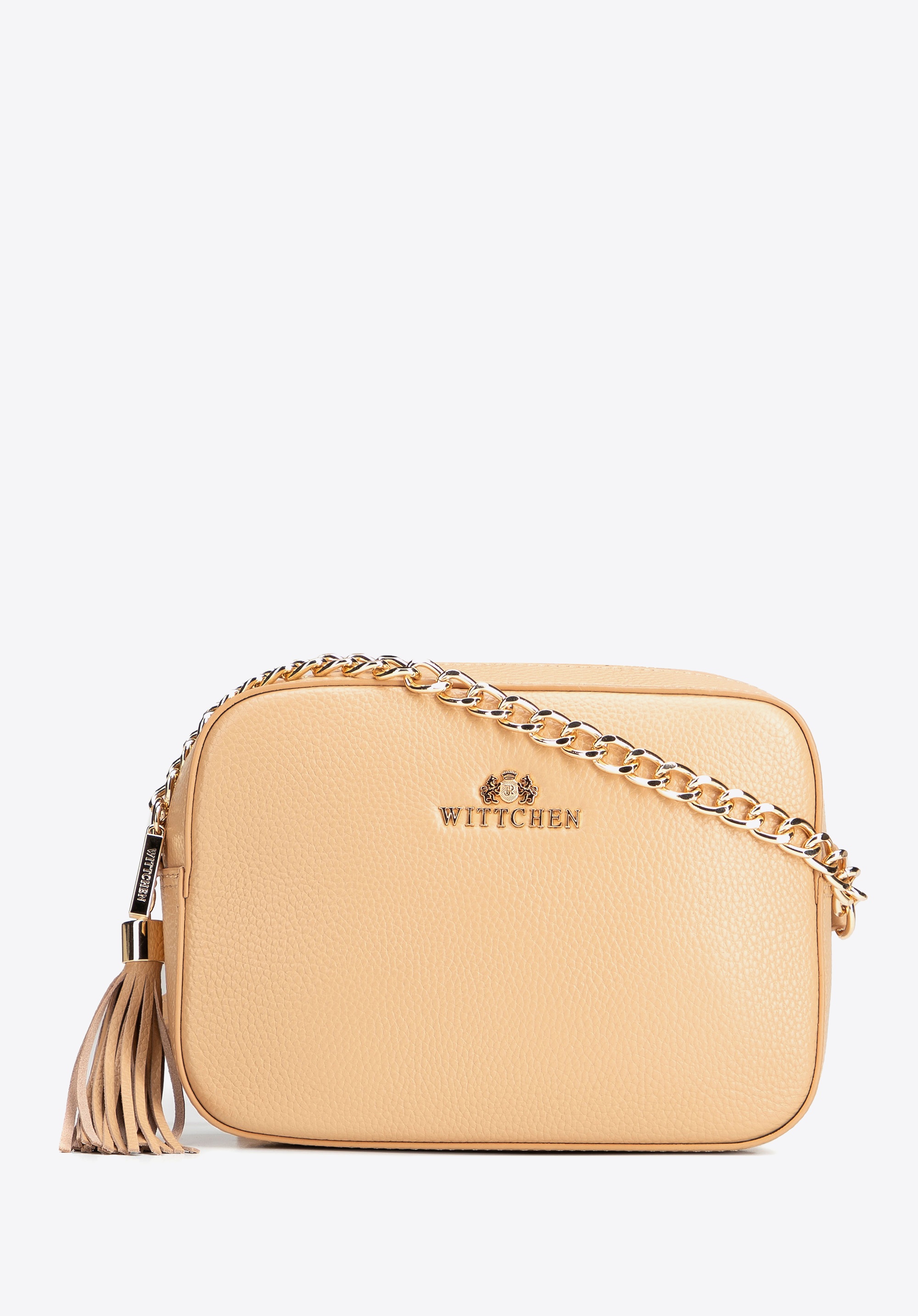 Damska listonoszka skórzana pudełkowa na łańcuszku beżowa