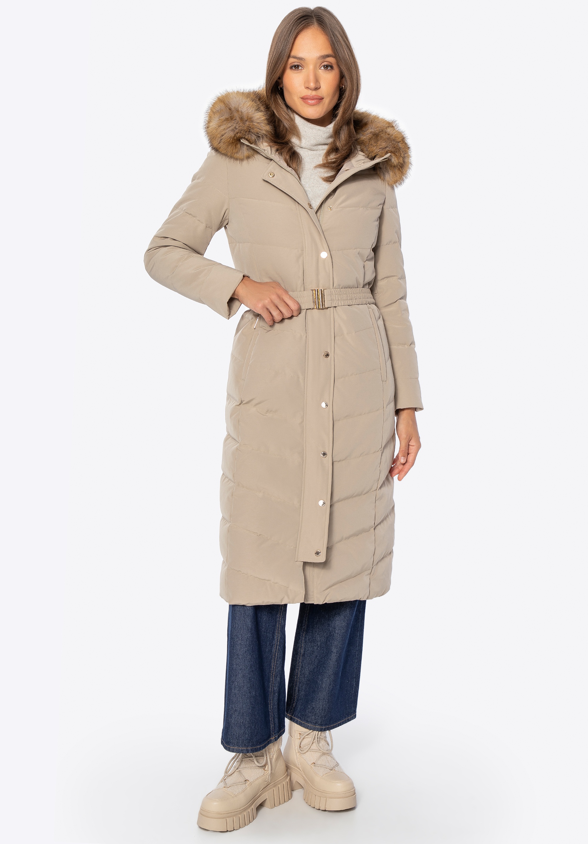 Dodatkowe rabaty - Płaszcz damski z naturalnym wypełnieniem beżowy