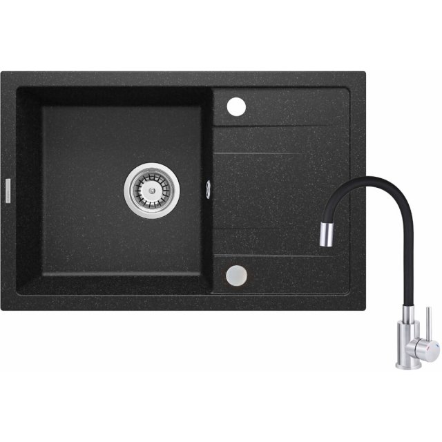 DEANTE Zlewozmywak granitowy CORIO grafit z baterią z elastyczną wyle