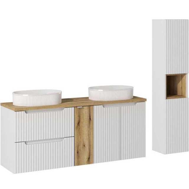 COMAD Zestaw mebli NOVA WHITE 3 szafki z blatem OAK 140 cm, 2 umywalk