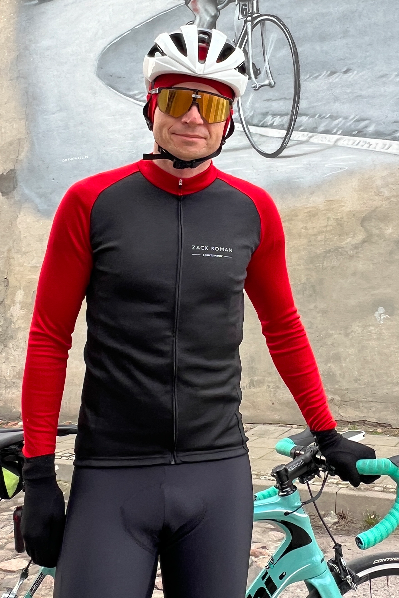 Koszulka kolarska Extra Warm z wełny merino, czarno-czerwona, 283 gr