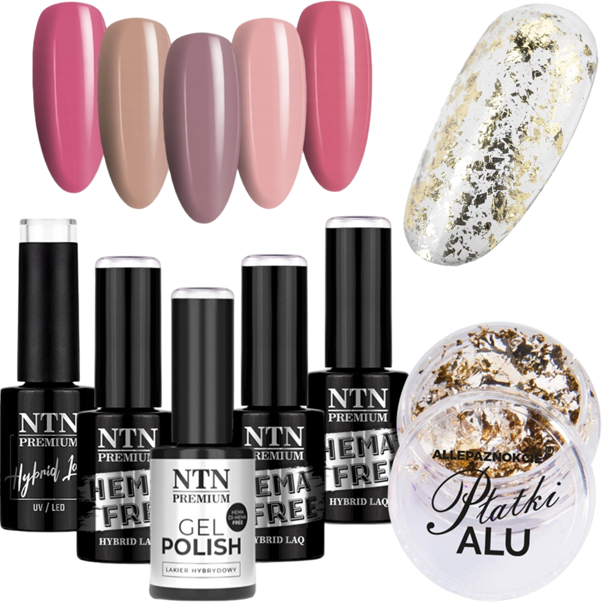5x Lakier Hybrydowy Do Paznokci NTN 5g + Ozdoba Płatki Alu ZESTAW Jesienny