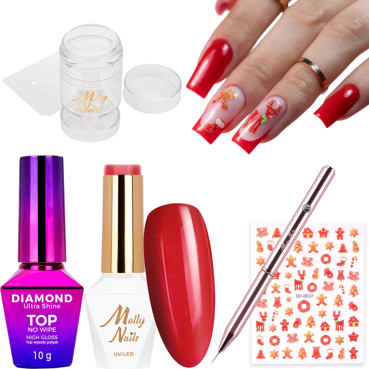 Zestaw Do Czerwonych Świątecznych Paznokci MOLLYNAILS (Lakier, Naklejki, Stempelek, Pędzelek, Top)