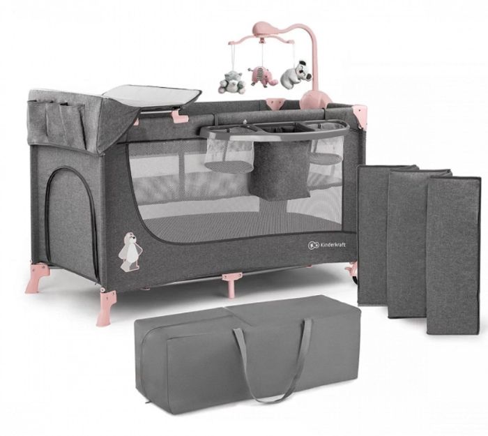 Kinderkraft Joy - łóżeczko turystyczne z akcesoriami-Pink